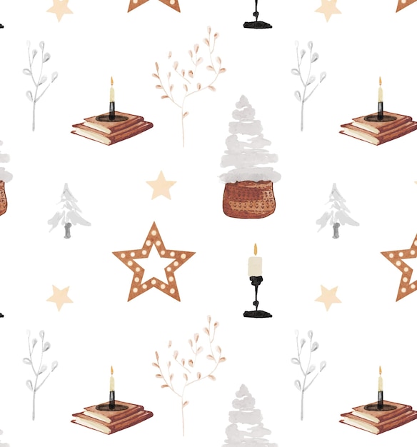 watercolor christmas pattern with toy candle wooden star christmas tree in pot fireplace watch