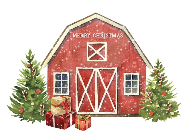 Vector watercolor christmas red barn