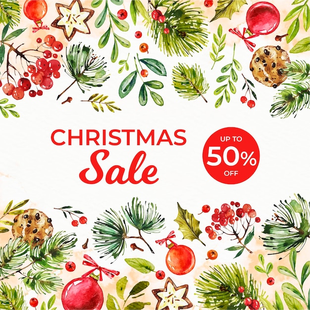 Watercolor christmas sale promo with discount