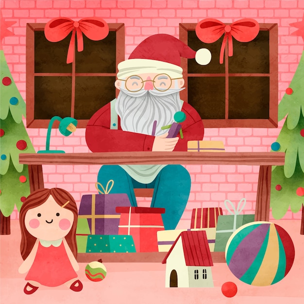 Акварельная рождественская иллюстрация мастерской санта-клауса