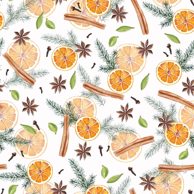 Watercolor Christmas seamless pattern with oranges, christmas tree  and spices for mulled wine