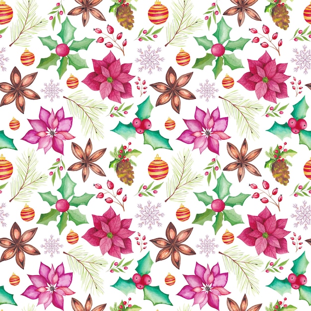 Watercolor Christmas seamless pattern with watercolor traditional seasonal elements. poinsettia, baubles, fir tree, star anise