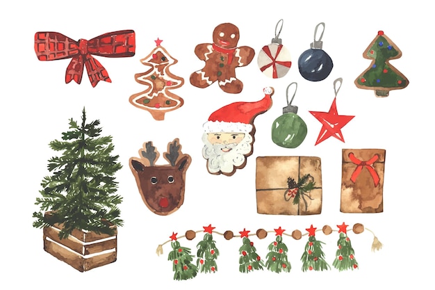 Vector watercolor christmas set christmas tree cookies decor santa