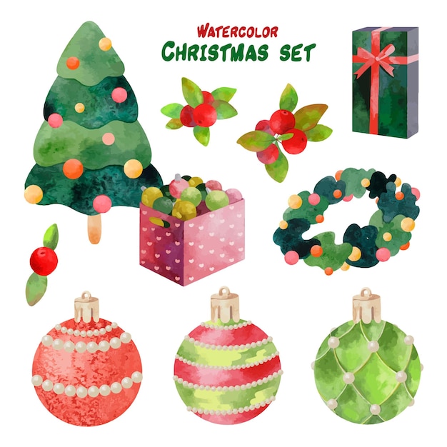 Watercolor Christmas set with Christmas tree, decoration and gift box