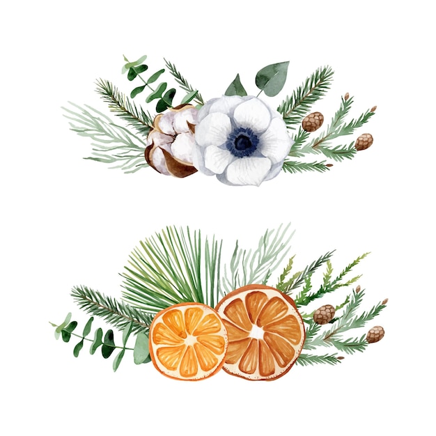 Watercolor Christmas set with floral compositions in minimalistic Scandinavian style. Vector