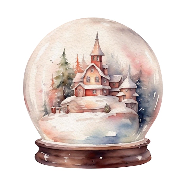 Watercolor Christmas snow globe with snow house