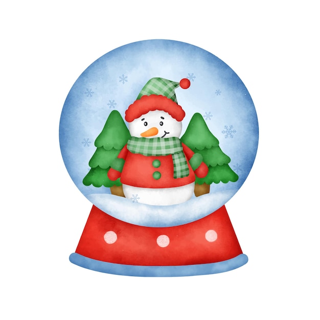 Vector watercolor christmas snowball globe with a cute snow man.