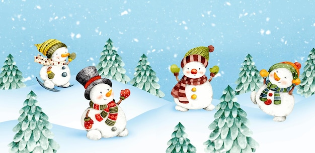 Watercolor Christmas snowman in snow background