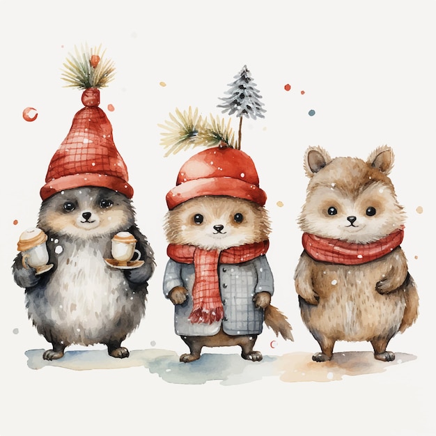 Watercolor of Christmas squirrel collection generative ai