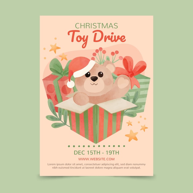 Watercolor christmas toy drive vertical poster template