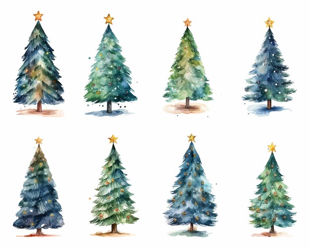 Vector watercolor christmas tree collection set vector illustration happy new year concept