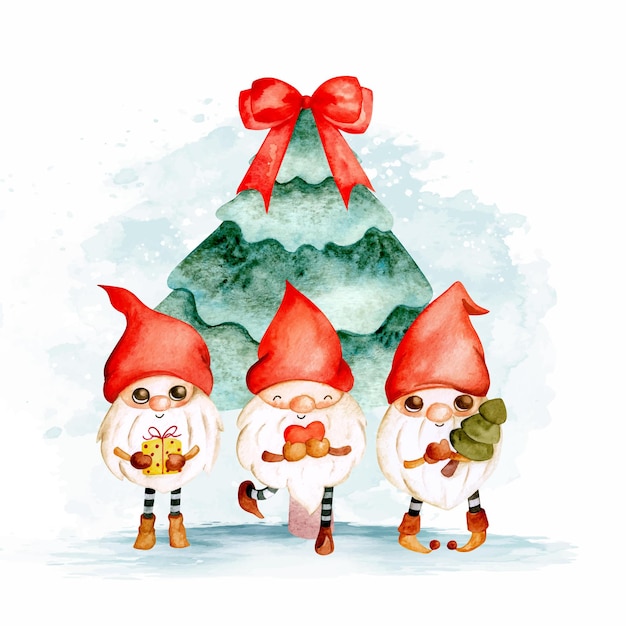 watercolor christmas tree and gnome