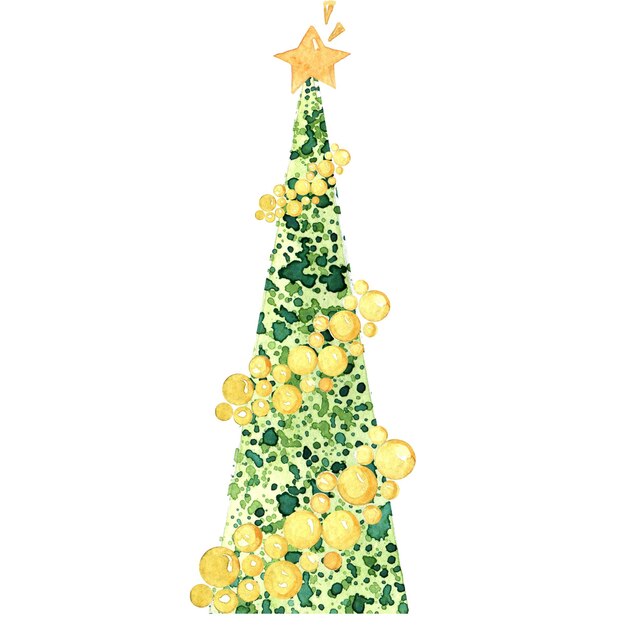 水彩のクリスマスツリー。金色のボールで飾られた新年のモミの手描きイラスト。