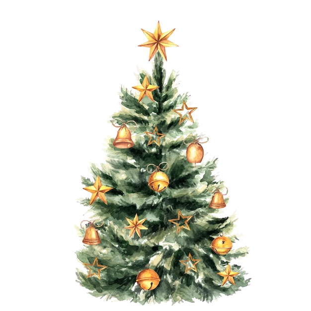 Watercolor Christmas tree with Christmas ornaments