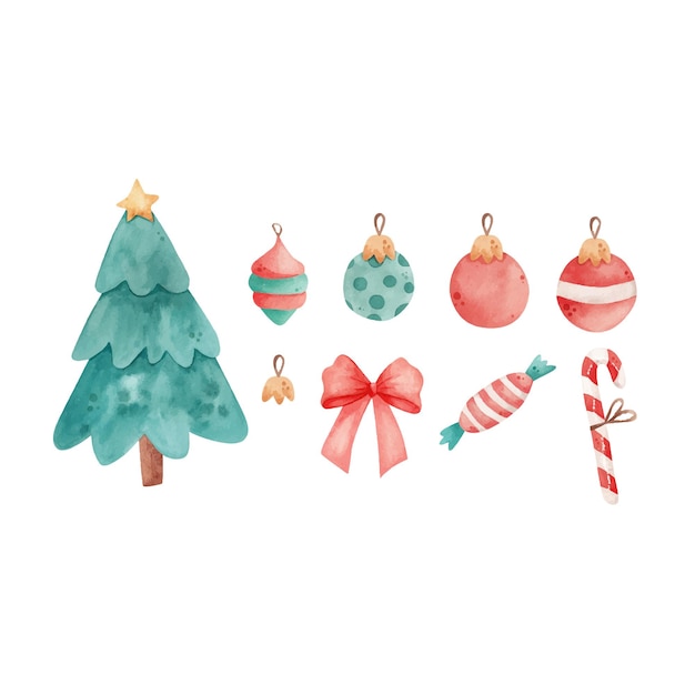 Вектор Акварельная новогодняя елка с игрушками и конфетами