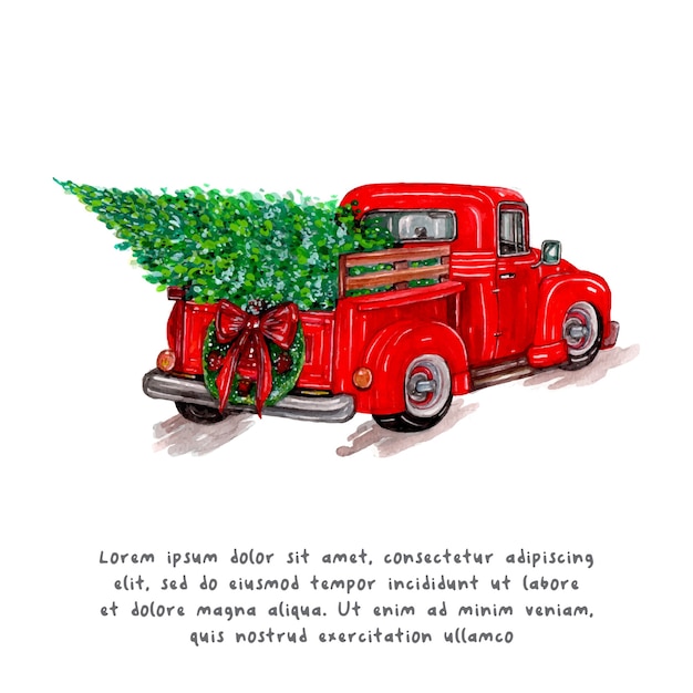 Camion di natale dell'acquerello e albero di natale.