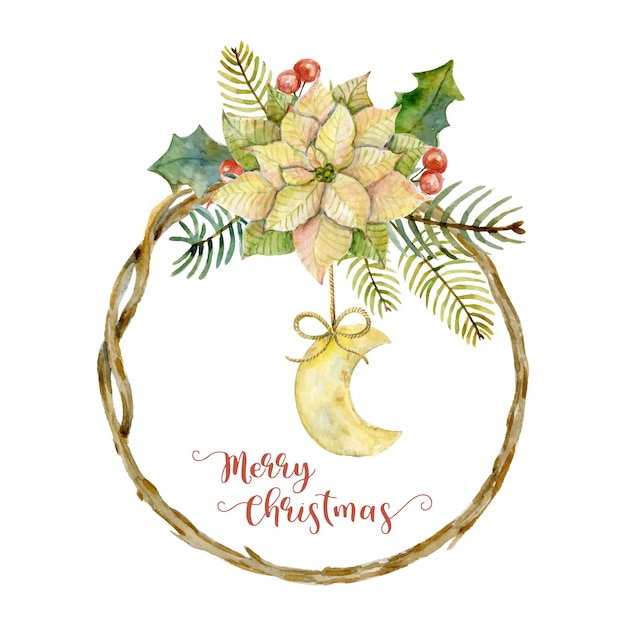 Watercolor christmas twig frame with poinsettia and moon winter holidays merry christmas card