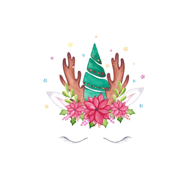 수채화 크리스마스 유니콘 얼굴입니다. 크리스마스 트리, 포 인 세 티아 꽃, 홀리 왕관과 뿔 수채화 만화 순록 유니콘 머리.
