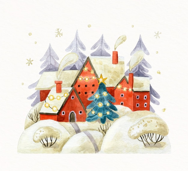 Watercolor christmas village illustration