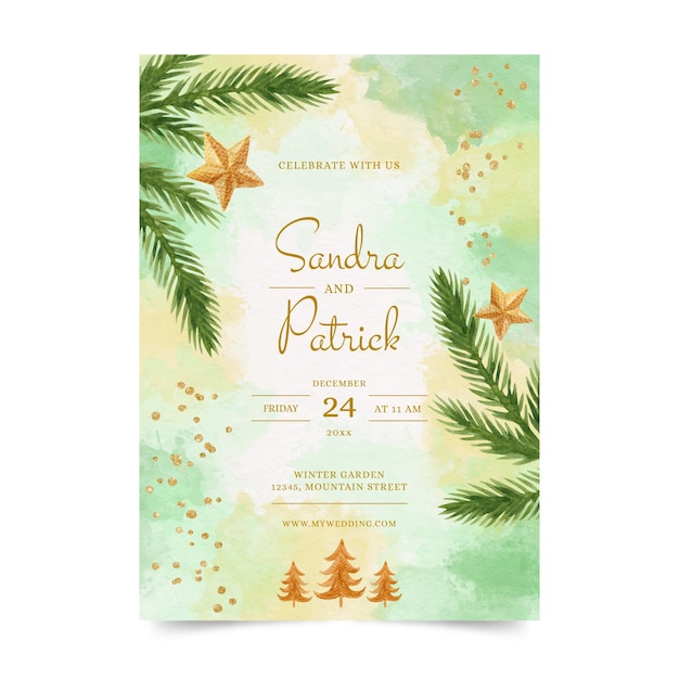 Vector watercolor christmas wedding invitation template