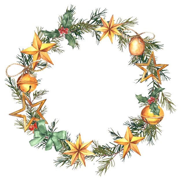 Watercolor Christmas wreath of spruce branches and golden stars and jingle bells