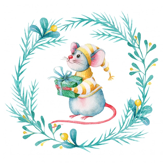 Watercolor christmas wreath with cute cartoon mouse