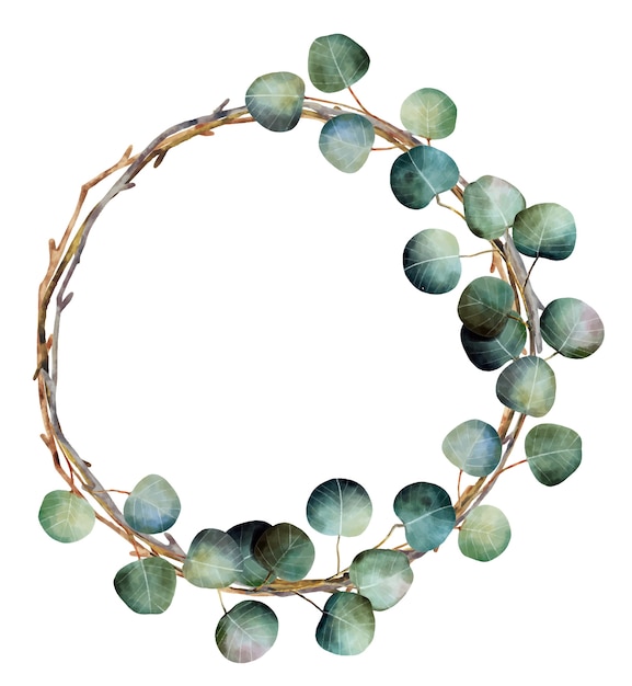 Watercolor  christmas wreath with eucalyptus branches