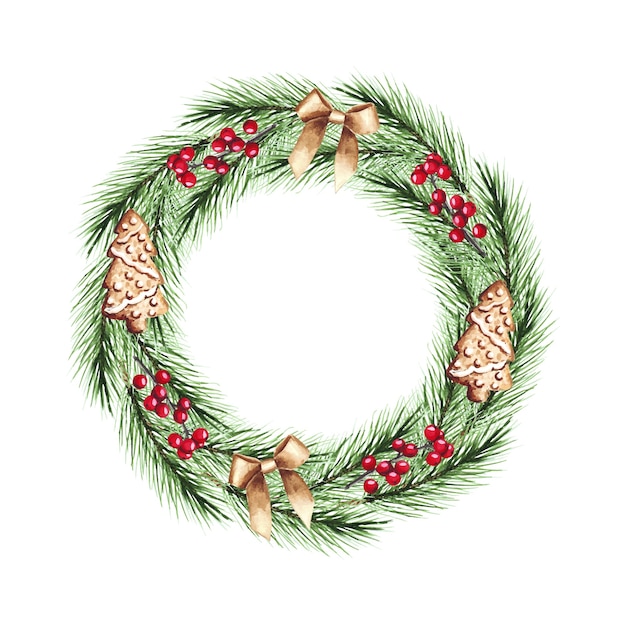 Watercolor Christmas wreath with fir branches, bows, berries, gingerbread. Merry Christmas, New Year