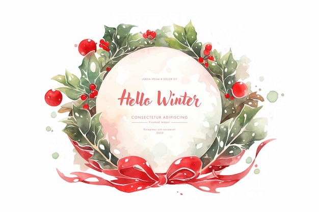 Vector watercolor christmas wreath with holly berries red ribbon and bow