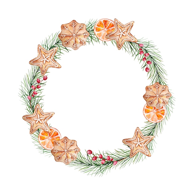 Watercolor Christmas wreath with pine branches and berries, with gingerbread cookies and an orange slice.