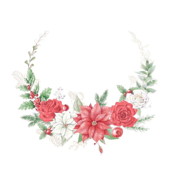 Watercolor Christmas wreath with poinsettia flowers