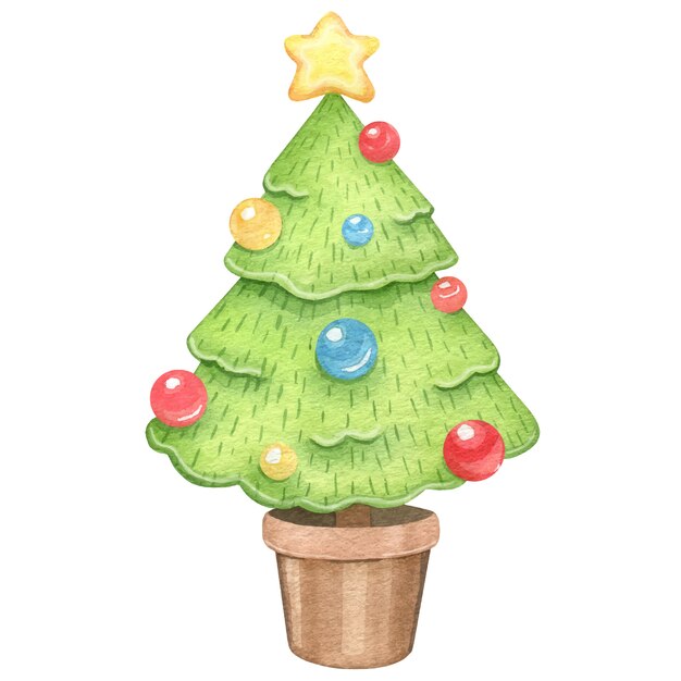 Vector watercolor christmasr tree with balls.