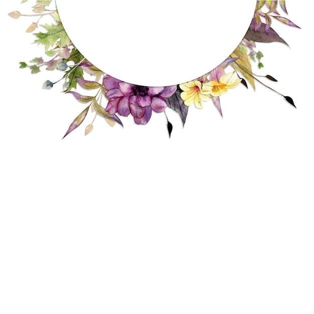 Disposizione del telaio del cerchio dell'acquerello con rami e foglie di fiori autunnali disegnati a mano isolati su sfondo bianco design per inviti, matrimoni o biglietti di auguri, carta da parati, stampa tessile
