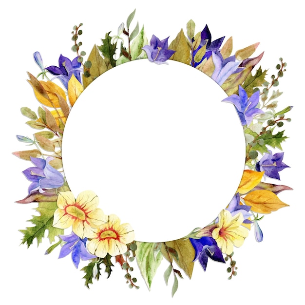 Watercolor circle frame arrangement with hand drawn autumn flowers branches and leaves Isolated on white background Design for invitations wedding or greeting cards wallpaper print textile