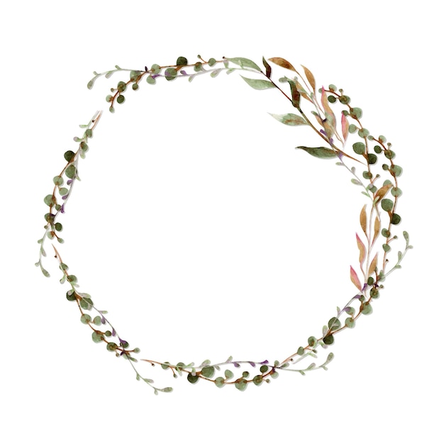 Disposizione del telaio del cerchio dell'acquerello con rami e foglie di fiori autunnali disegnati a mano isolati su sfondo bianco design per inviti, matrimoni o biglietti di auguri, carta da parati, stampa tessile