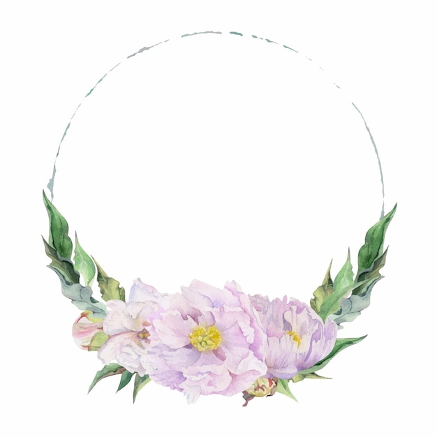 Watercolor circle frame arrangement with hand drawn delicate pink peony flowers buds and leaves Isolated on white background For invitations wedding love or greeting cards paper print textile