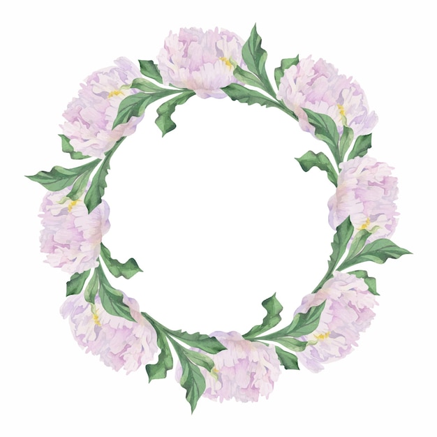 Watercolor circle frame arrangement with hand drawn delicate pink peony flowers buds and leaves Isolated on white background For invitations wedding love or greeting cards paper print textile