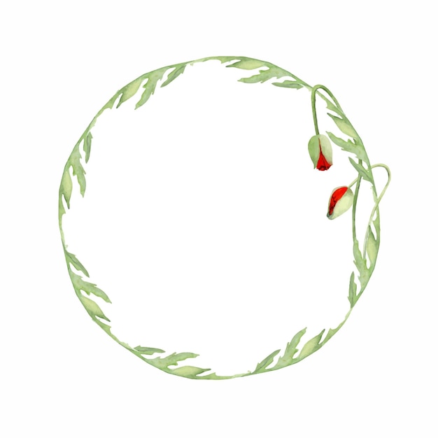 Композиция акварельного круга с нарисованными вручную летними ярко-красными цветами мака, изолированными на белом фоне. Дизайн для приглашений, свадебной любви или поздравительных открыток, бумажная печать, текстиль