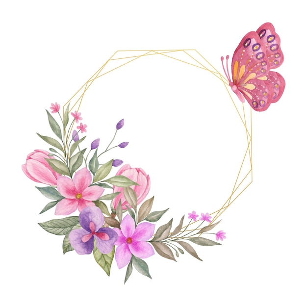 Watercolor circle frame with spring flowers and flying butterfly