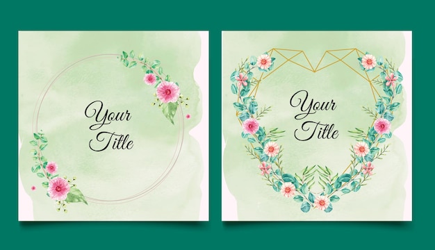 Watercolor circle and heart gold frames with flowers