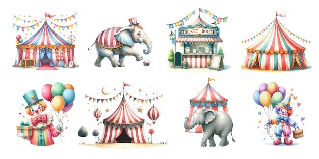 Акварель цирковые декоративные иконы с слоном-клоуном и цирковой палаткой изолированным вектором