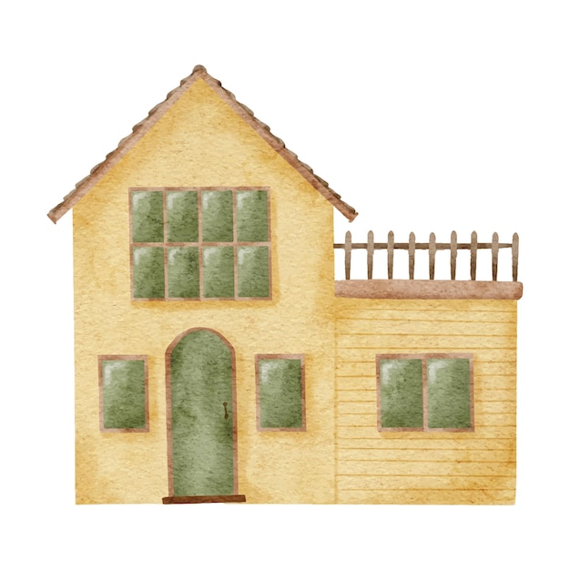 Watercolor classic house with fence cartoon clip art