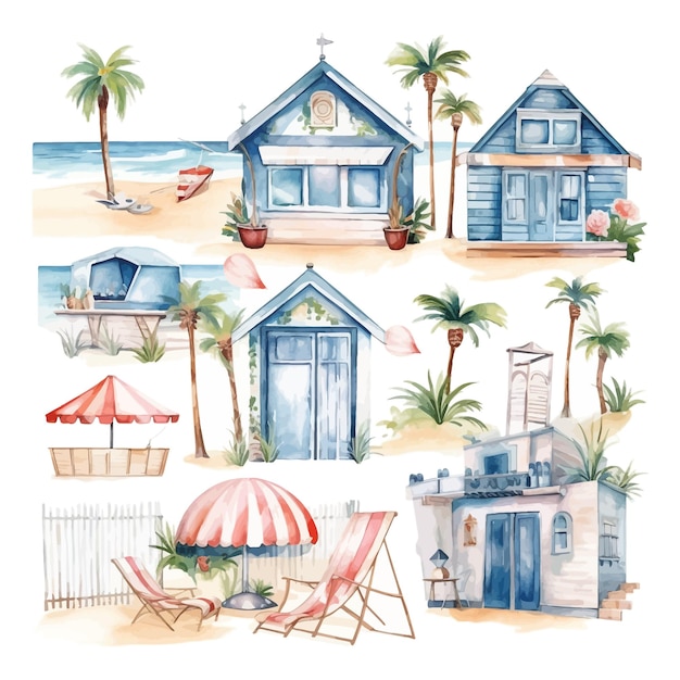 Vettore clipart acquerello di case sulla spiaggia bungalow ombrelloni spiaggia scenario