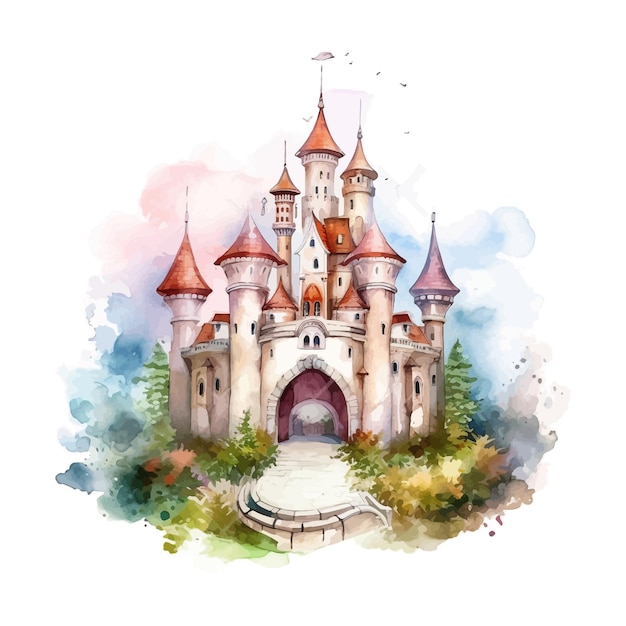 Vector watercolor clipart castle palace children's illustration