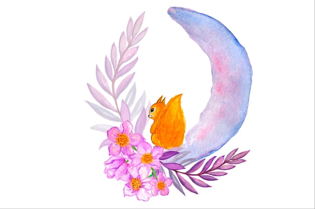 Watercolor clipart .Cute animal illustration, Forest animals on the moon. Children's print.