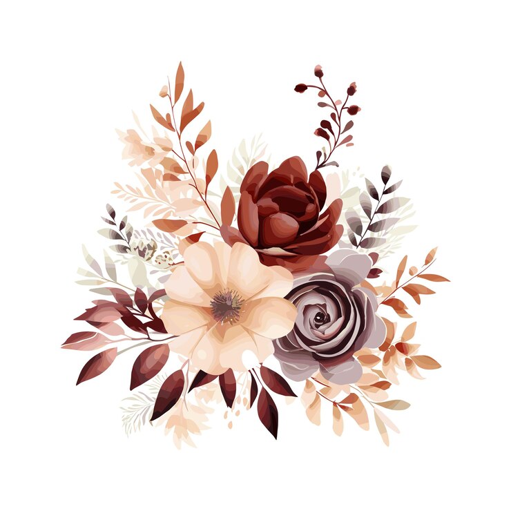 Watercolor clipart Maroon color flowers surrounded by terracotta and cocoa brown accents