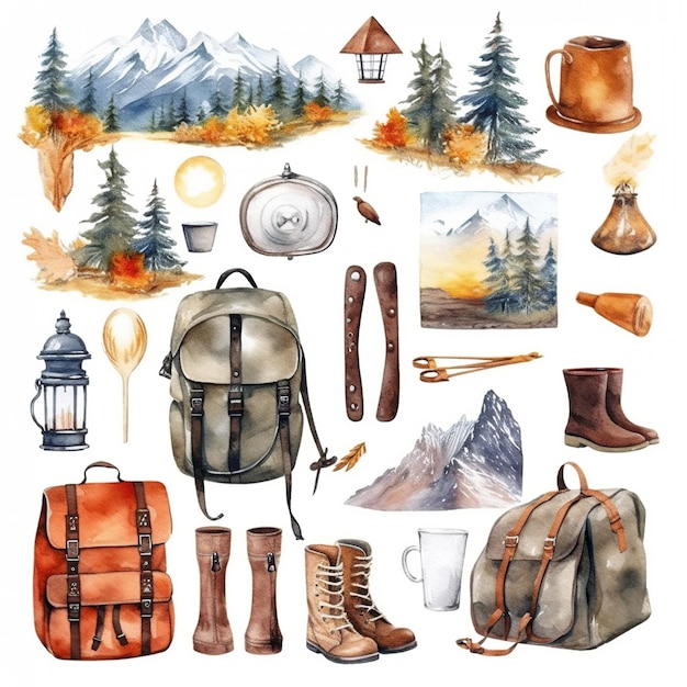 Acquerello clipart set sfondo bianco voglia di viaggiare