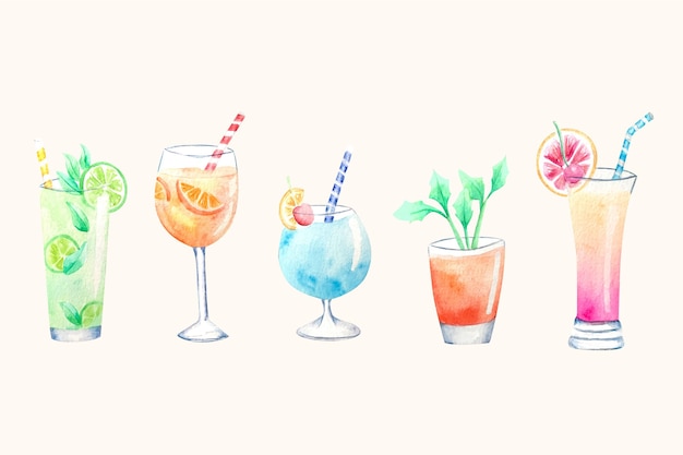 Vector watercolor cocktail illustration collection