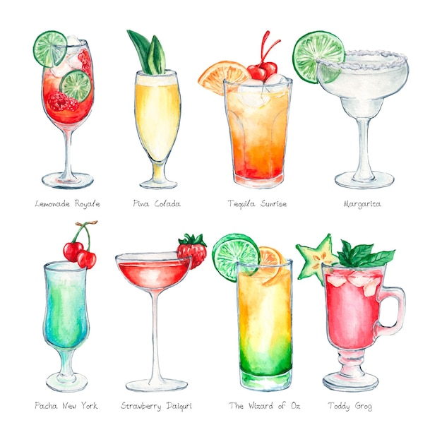 Vector watercolor cocktail set