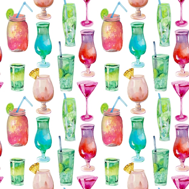 Vector watercolor cocktails seamless pattern